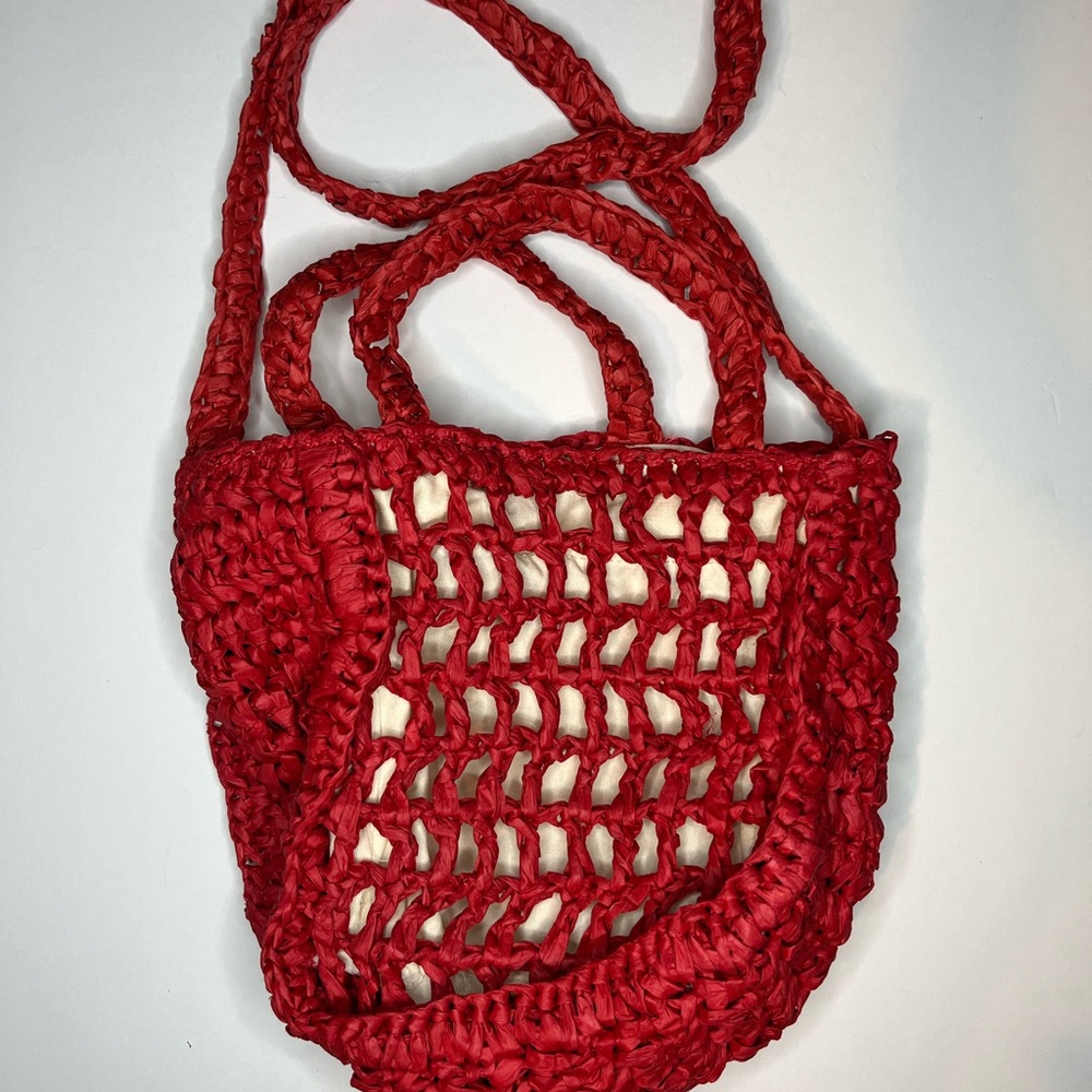 Universal Thread “SPRITZ” Red Crochet Raffia Shoulder Bag With Handles - Picture 7 of 12
